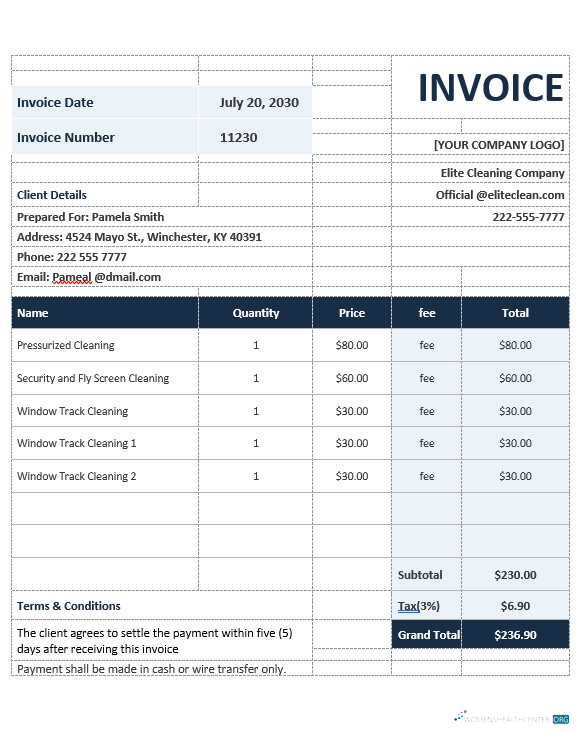 Download Sample Cleaning Service Invoice Template Photoshop template
